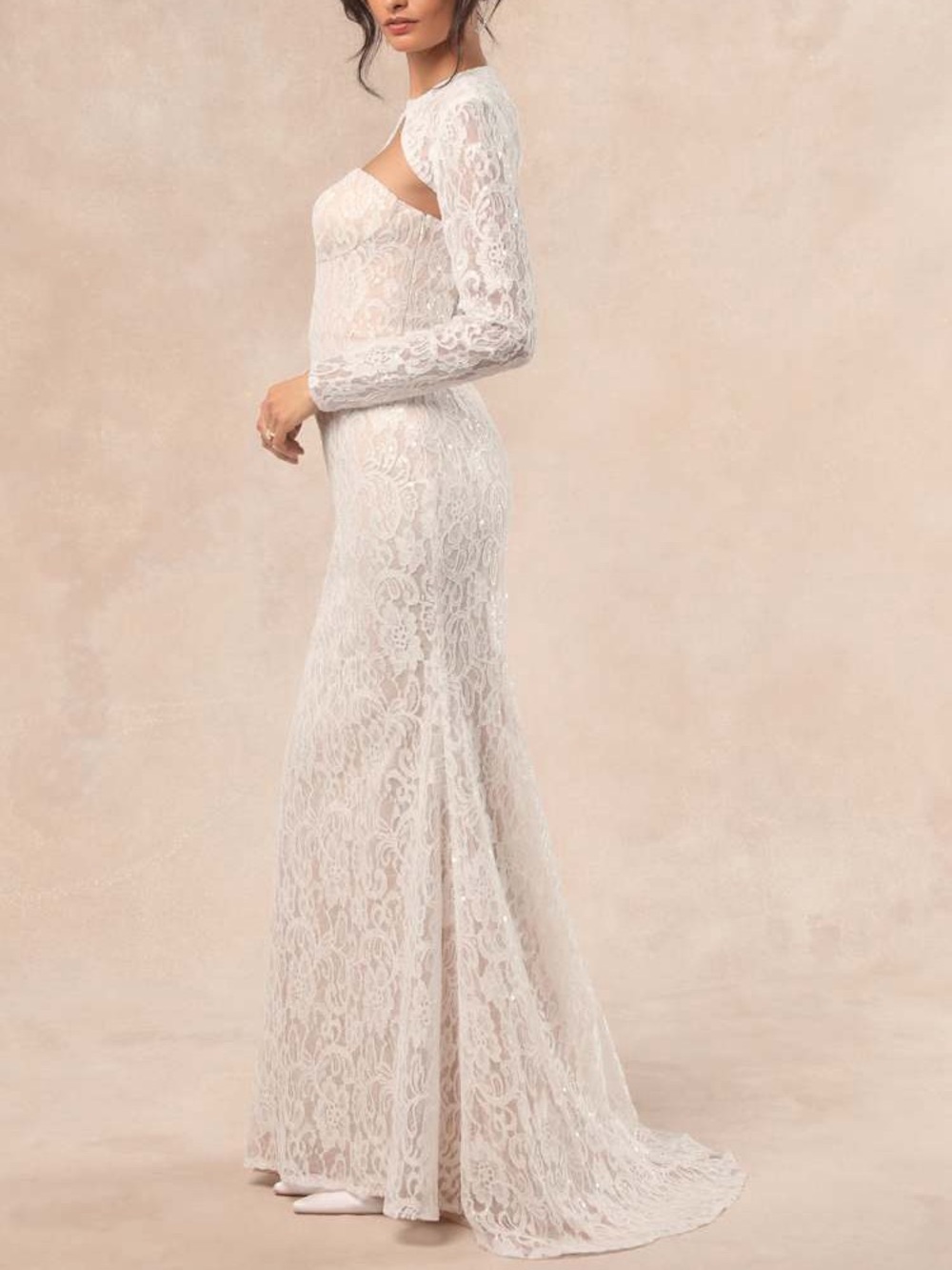 Lulus Neska White and Beige Lace Maxi Dress and Shrug Set Size L NWT